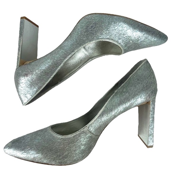 DONNA KARAN NY CRISS SILVER METALLIC PONY HAIR POINTED TOE BLOCK HEEL PUMPS - Picture 5 of 15